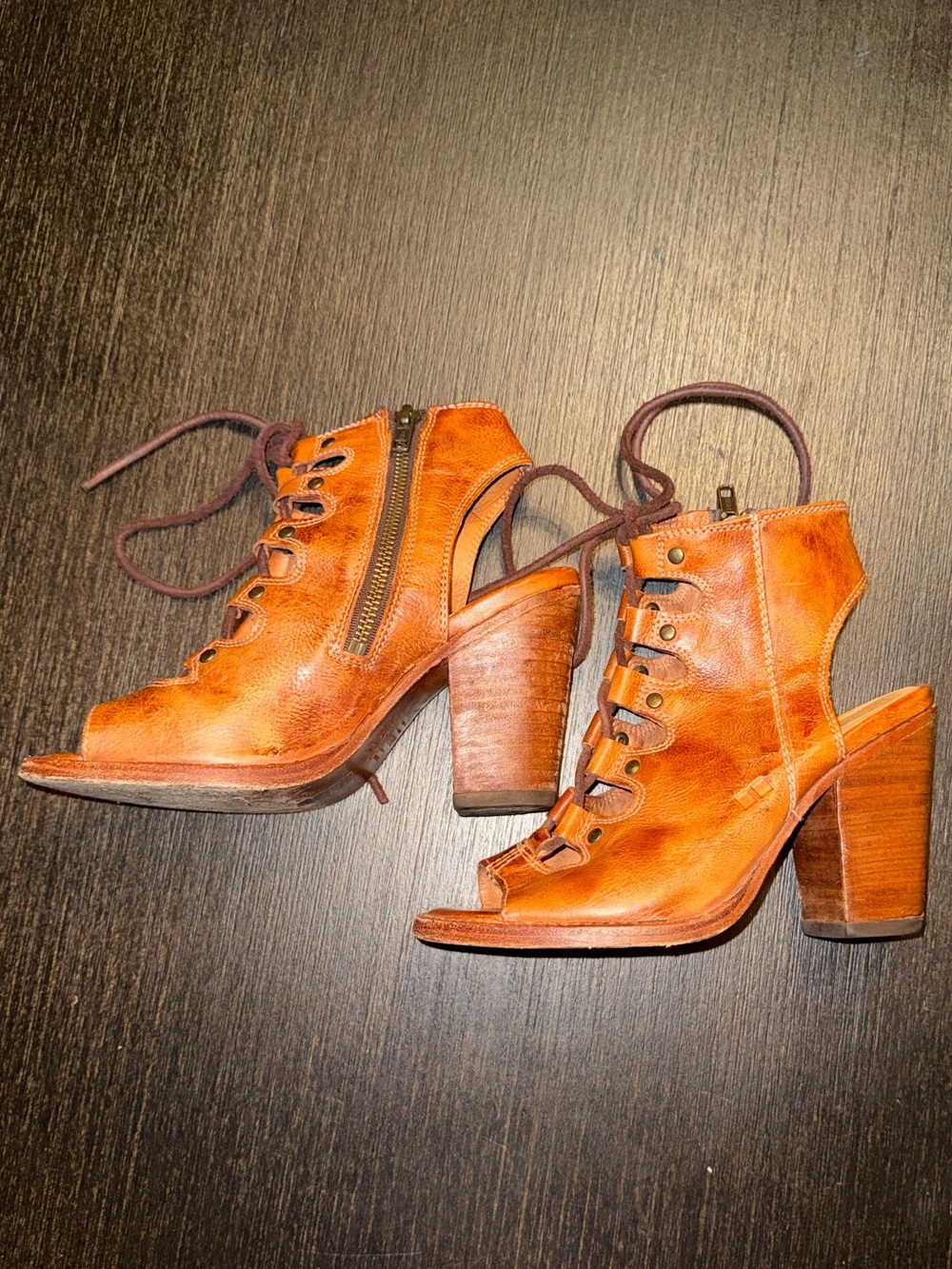 Bed Stu Cognac Open-Toe Lace-Up Chunky Heel Boots